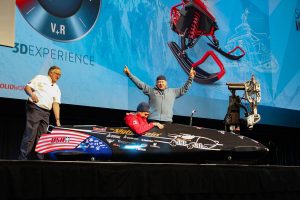 Image of presentation on virtual reality on stage at a SOLIDWORKS event produced by Cramer