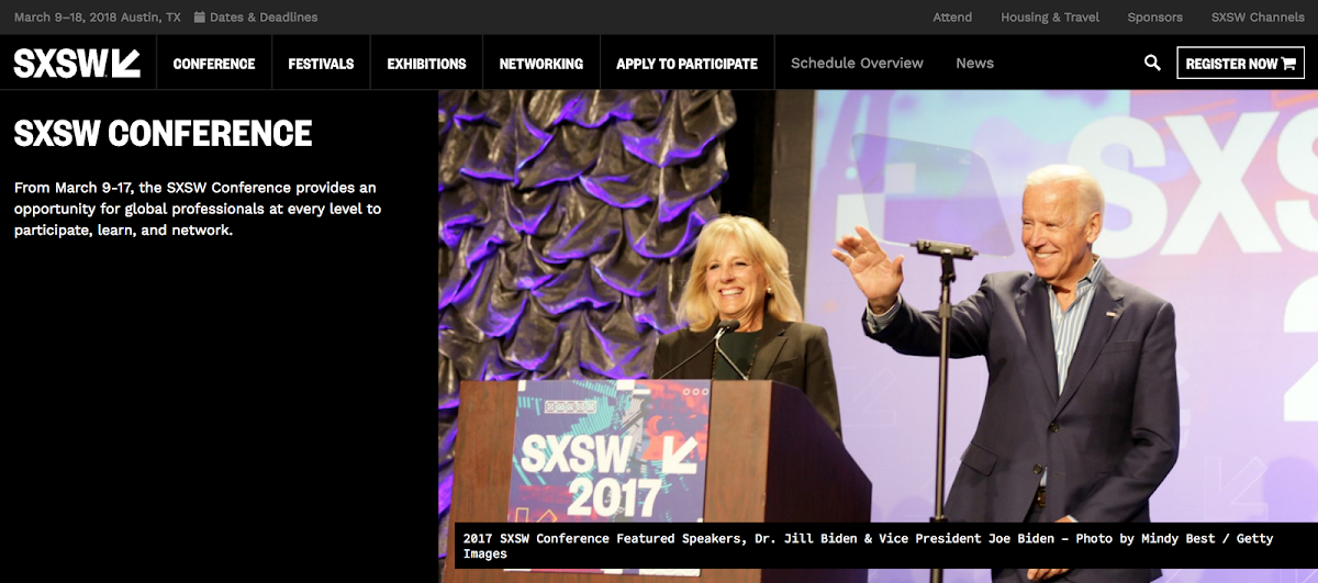 SXSW conference banner with Biden's