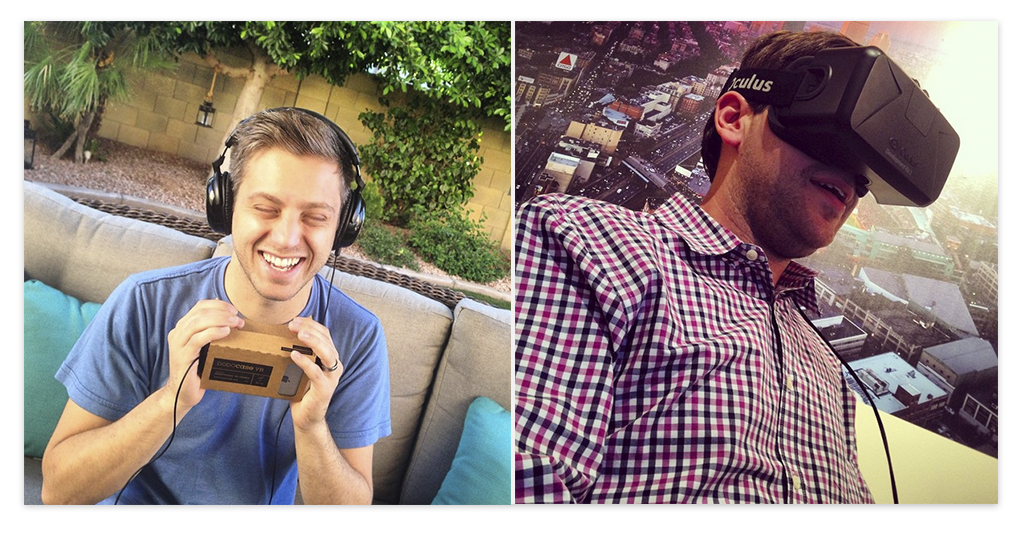 Photo of Google Cardboard DodoCase VR set, and Oculus Rift Development Kit 2 being used in real time